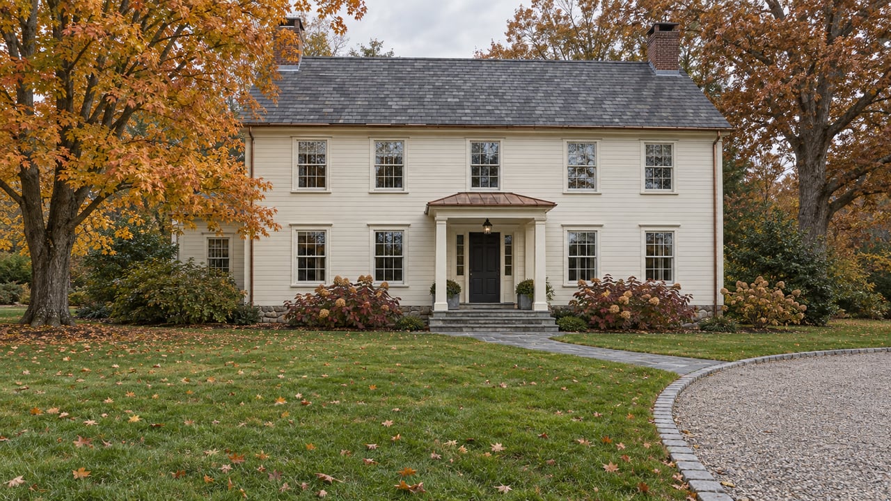 Ivory clapboard colonial home beyond a deep autumn lawn, with slate roofing, a bluestone entry, and mature trees in ocher and russet foliage.