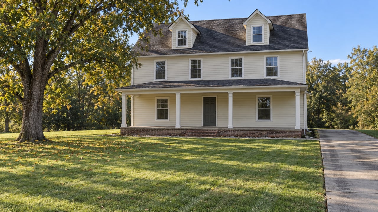 Cream-sided gabled country house set beyond a broad lawn, with a mature pecan tree and an aged concrete driveway.