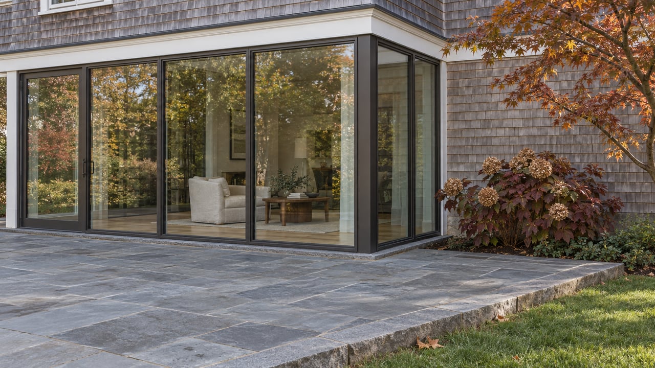 Silvered shingle home with bronze-framed sitting-room windows opening visually onto a bluestone terrace and autumn garden.