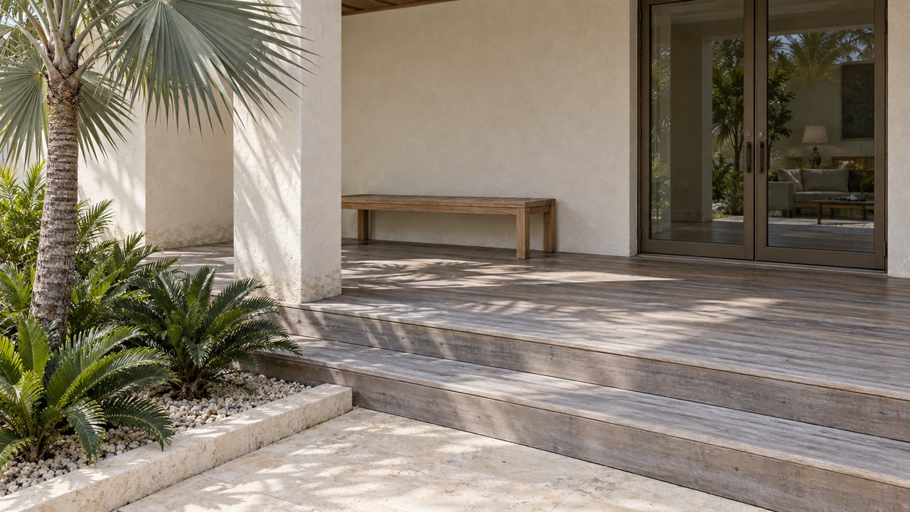 Ivory-stucco veranda with bronze-framed glass doors, weathered timber steps, a teak bench and silver fan palm beside a limestone landing.
