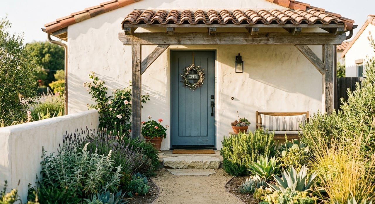 Coastal cottage entry with a blue-gray plank door, limestone steps, clay-tile roof, and native plants.