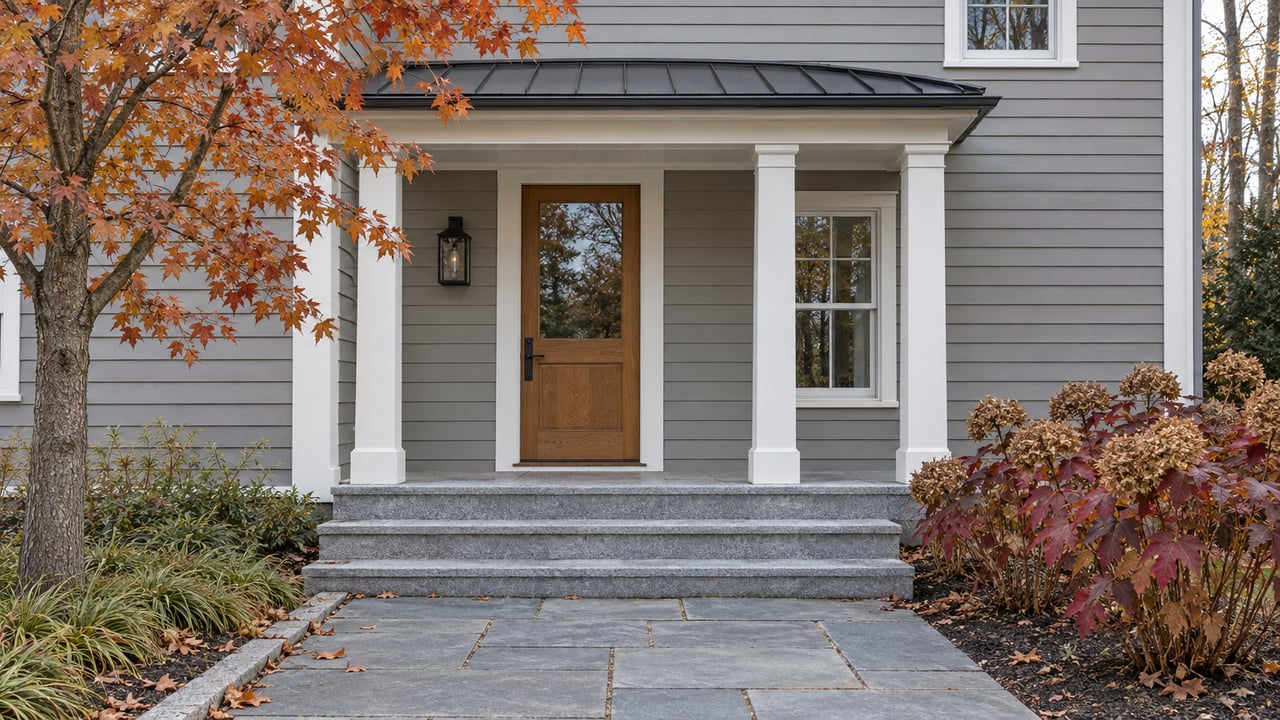 Gray clapboard home with an oak entry door, granite porch steps and blue-gray stone approach bordered by autumn oakleaf hydrangeas and a sugar maple.