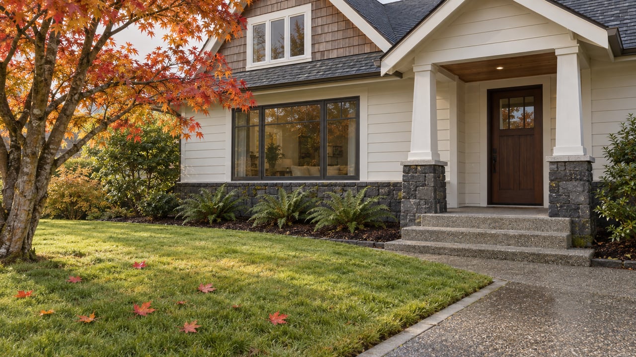 Autumn light across a deep front lawn and concrete approach to a white-sided home with cedar shingles, basalt porch bases and a red-leaved vine maple.