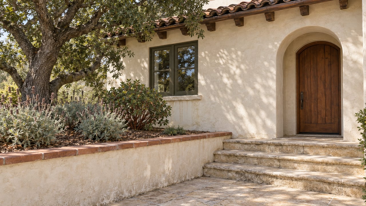 Cream plaster home with a recessed arched wooden door, limestone steps, and a raised garden of oak, sage, and manzanita.