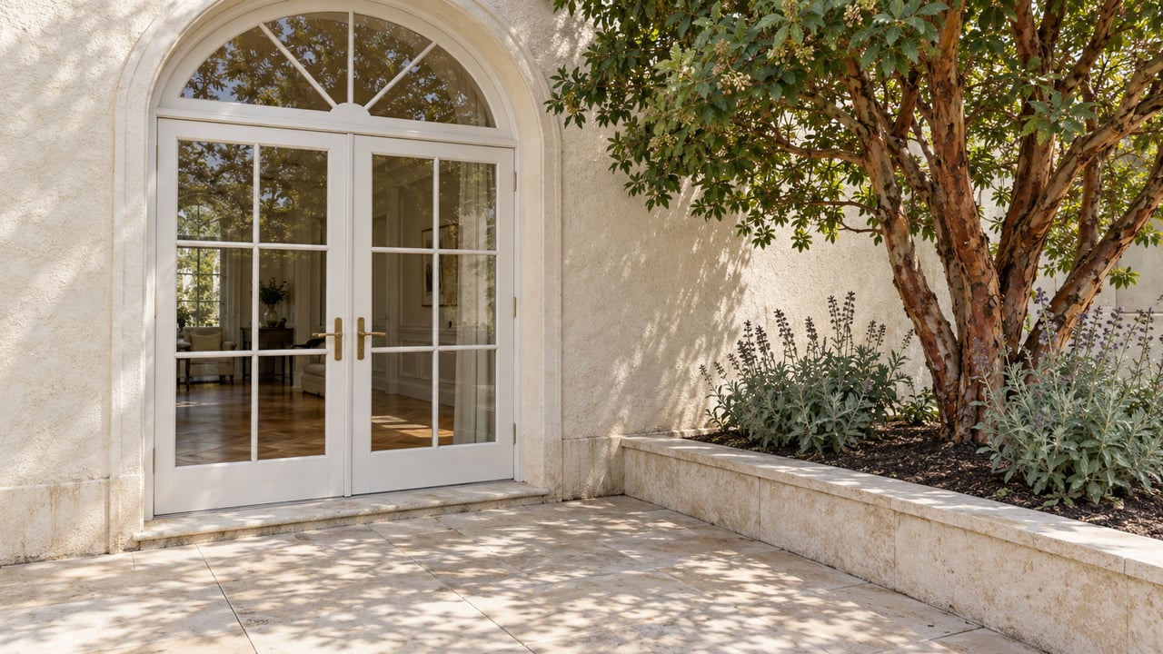 Arched divided-light glass doors open visually onto a sunlit limestone terrace beside a sculptural strawberry tree and sage planting.