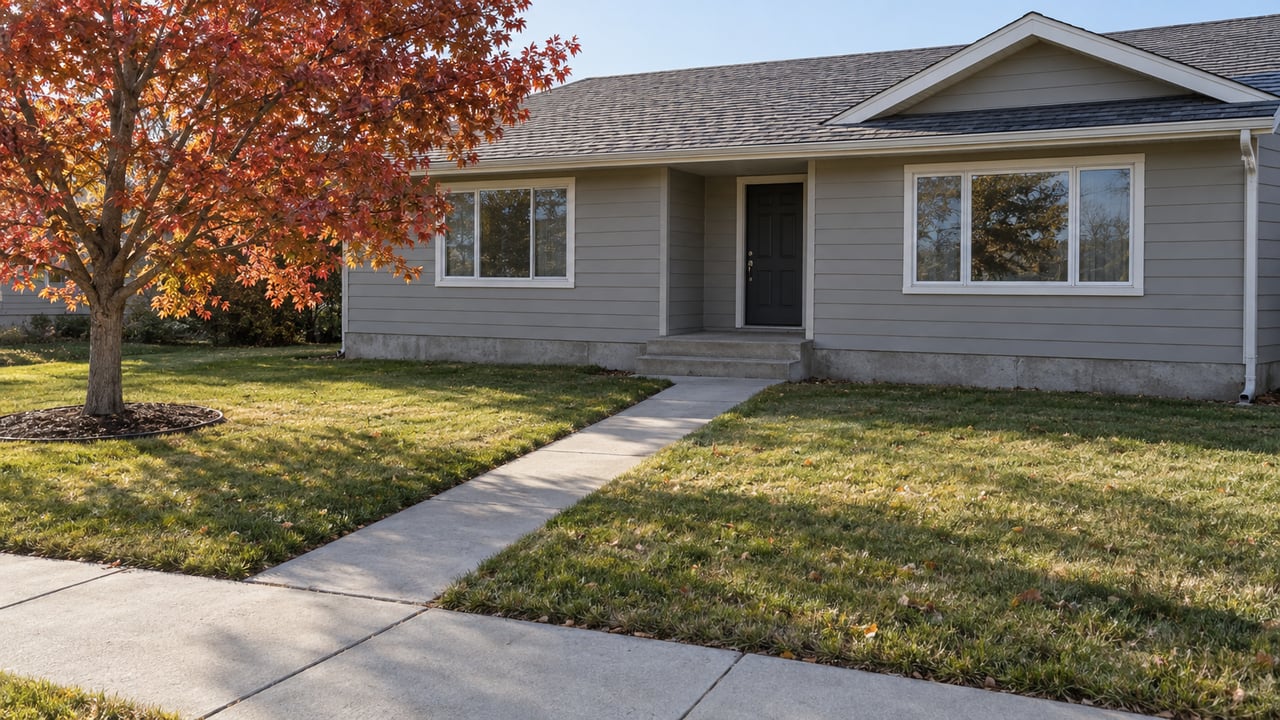 A single-story gray-sided home behind a deep autumn lawn, with a concrete front walk and one red-leaved maple.