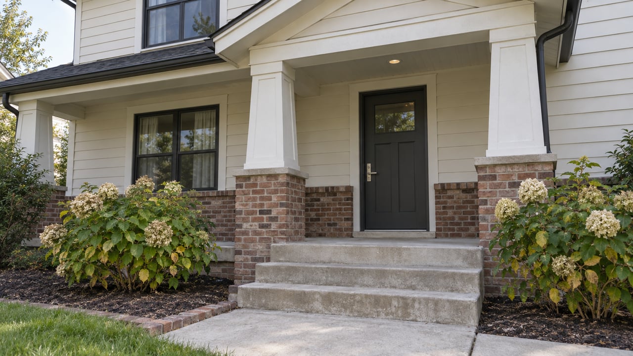 Covered home entry with white lap siding, red-brown brick, charcoal door and concrete steps beside fading hydrangeas.