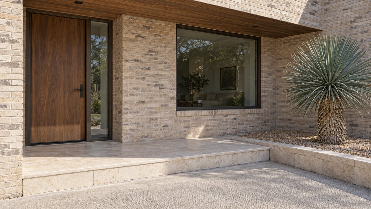 Recessed walnut entry and bronze-framed window in sandy brick, beside a limestone porch and a single blue-gray yucca.