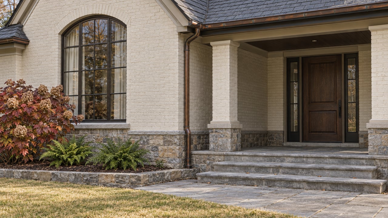 Cream brick home with a stone porch, arched window and autumn oakleaf hydrangea beside a limestone walk.