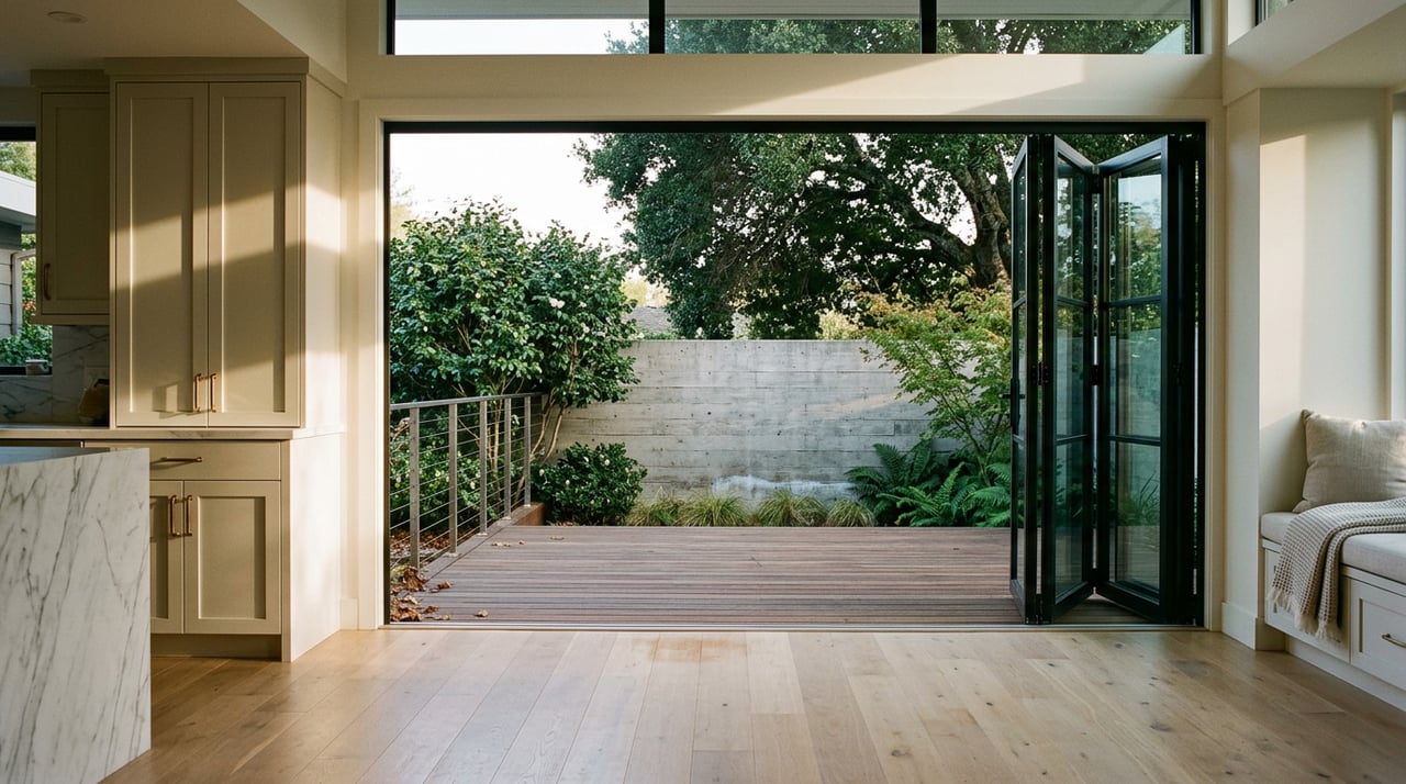 Open-plan great room with black-framed glass doors opening onto an ipe deck, concrete garden wall, and oak canopy.