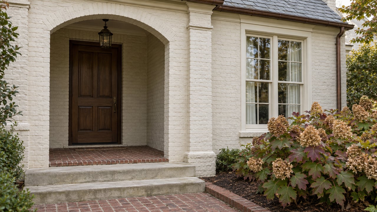Cream-painted brick home with an arched porch, walnut front door, limestone steps and an oakleaf hydrangea.