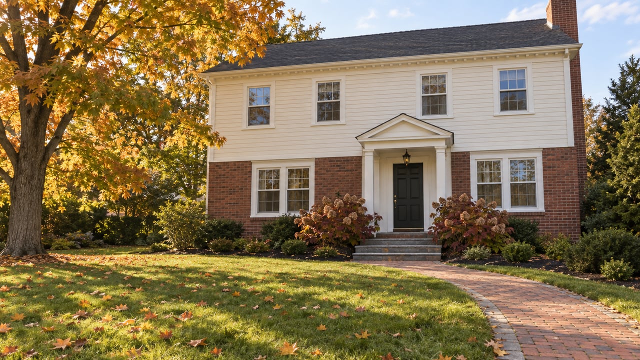 Two-story white-and-brick house with a curved brick walkway beneath golden autumn trees.