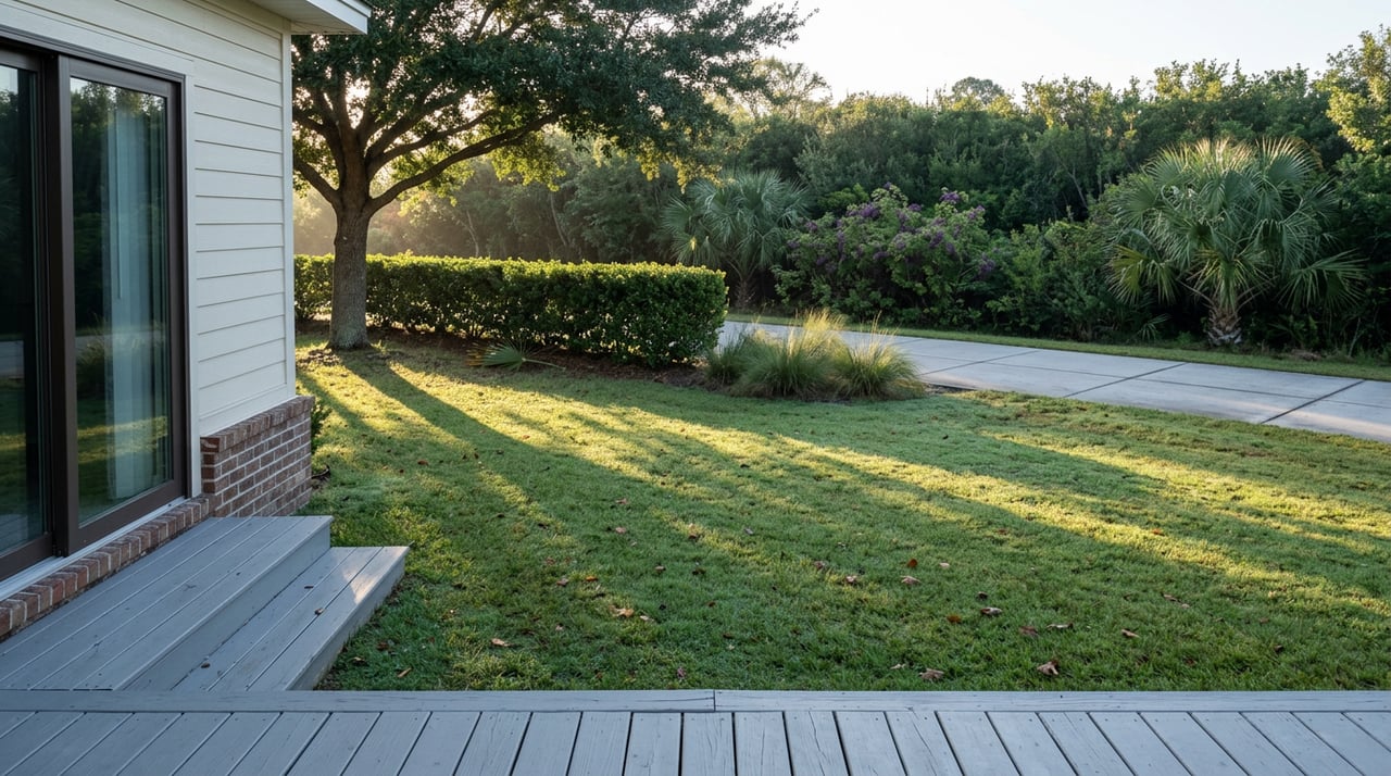 A backyard lawn leads from a porch to a paved path, bordered by a hedge, purple berries, and palms.