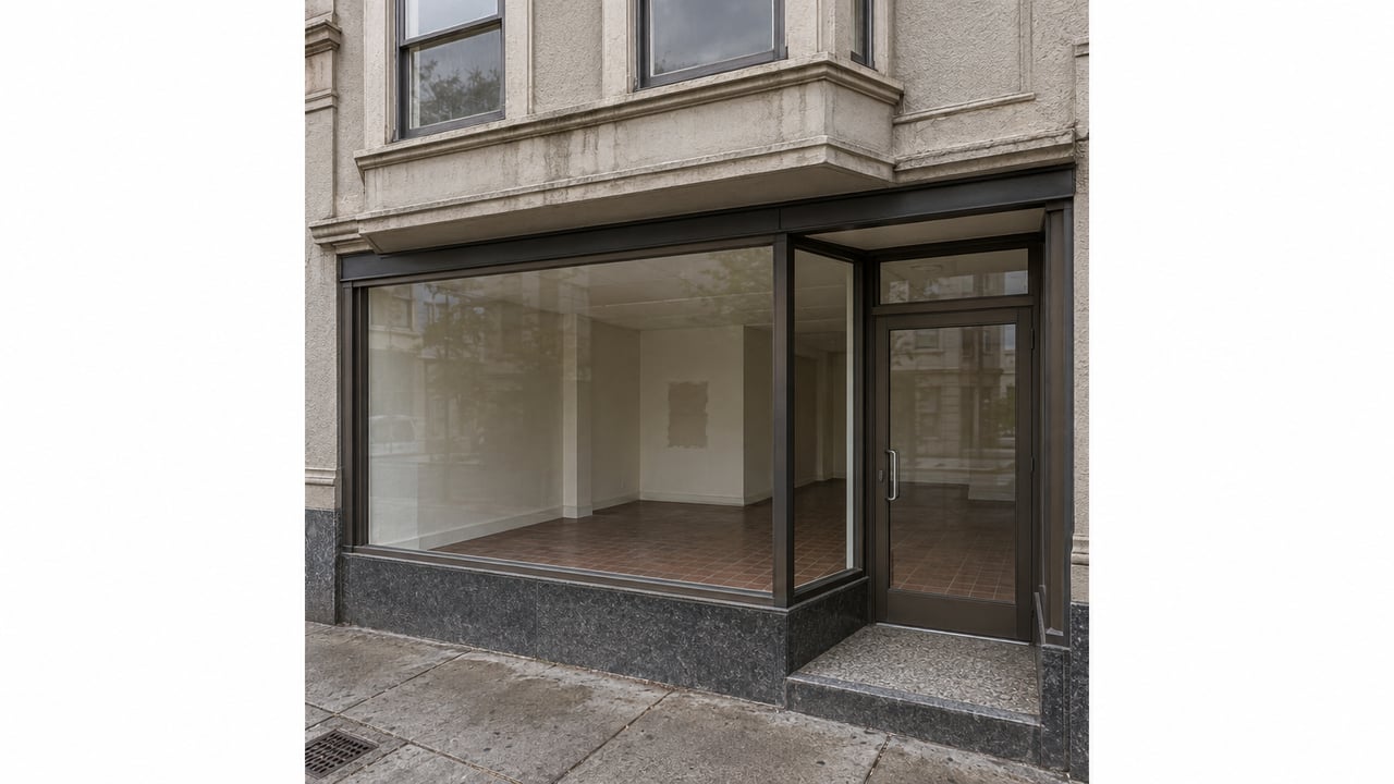 Recessed glass storefront beneath a two-window residential bay, with a raised terrazzo landing and worn sidewalk.