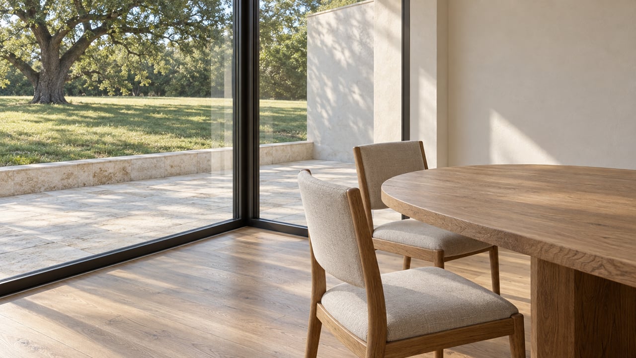 Sunlit oak dining table and linen chairs beside full-height dark-framed windows overlooking a limestone terrace and mature oak.
