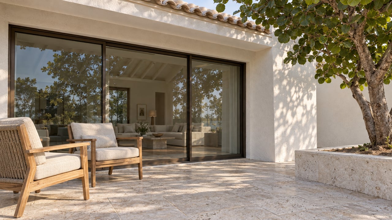 White-stucco residence with bronze-framed glass doors, shellstone terrace, two teak chairs and a sculptural sea grape tree.