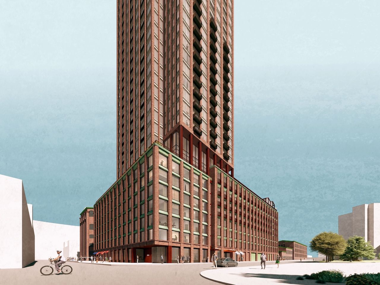 Rendering looking northwest to the brick podium of the proposed Carpet Factory redevelopment in Liberty Village