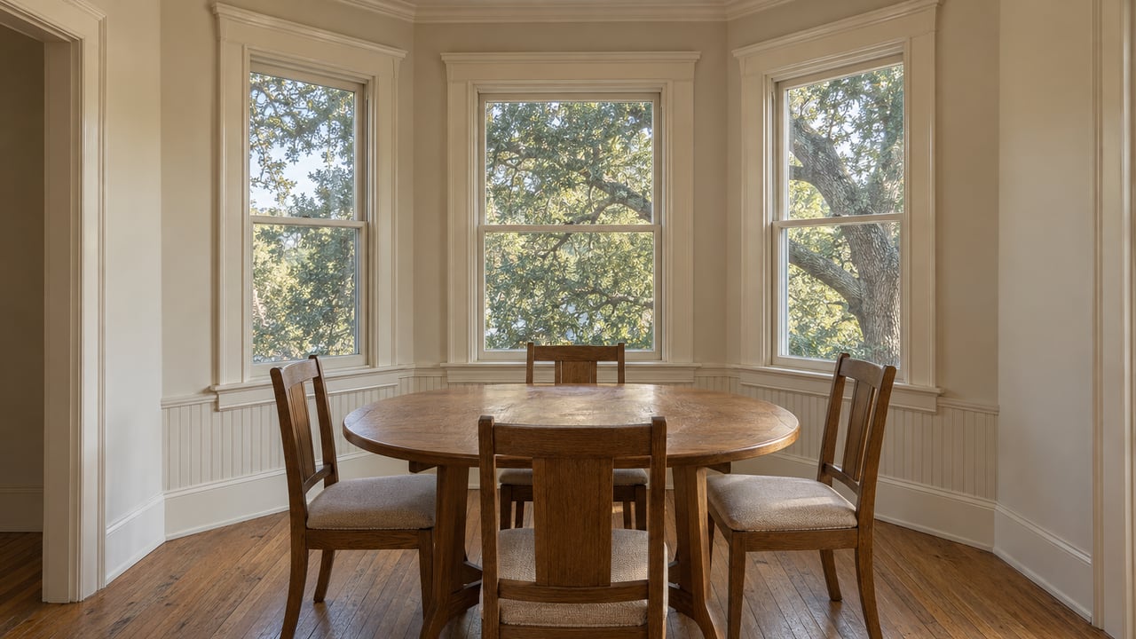 Sunlit dining bay with tall wood-framed windows, an oval oak table, four linen-cushioned chairs and worn oak flooring.