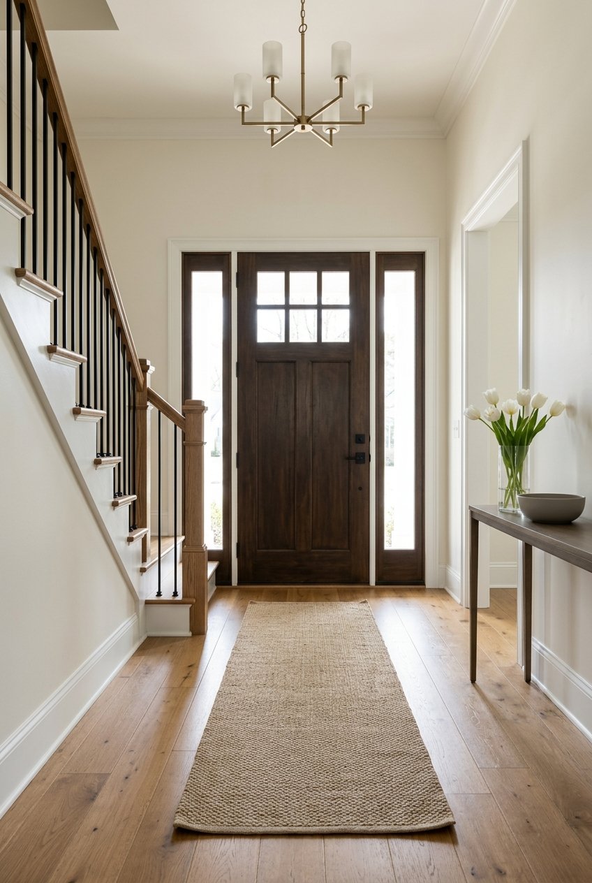 Center-hall foyer with a dark divided-light door, warm oak floors, and a staircase with iron balusters.