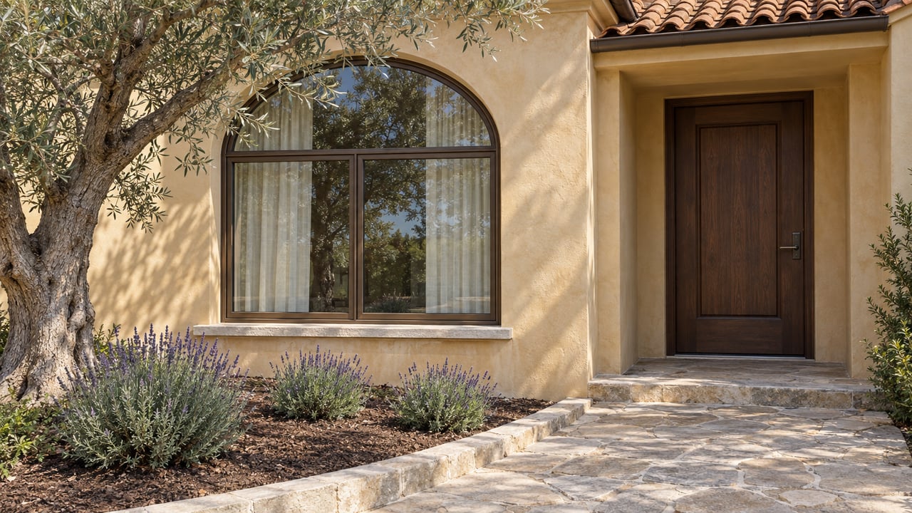 Arched bronze-framed window and recessed oak entry in a warm stucco home, beside an olive tree and a limestone garden walk.