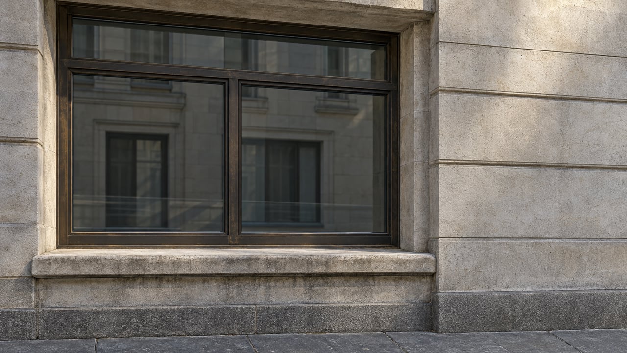 Morning sunlight grazes a weathered limestone facade around a closed bronze-framed window above a granite sidewalk.