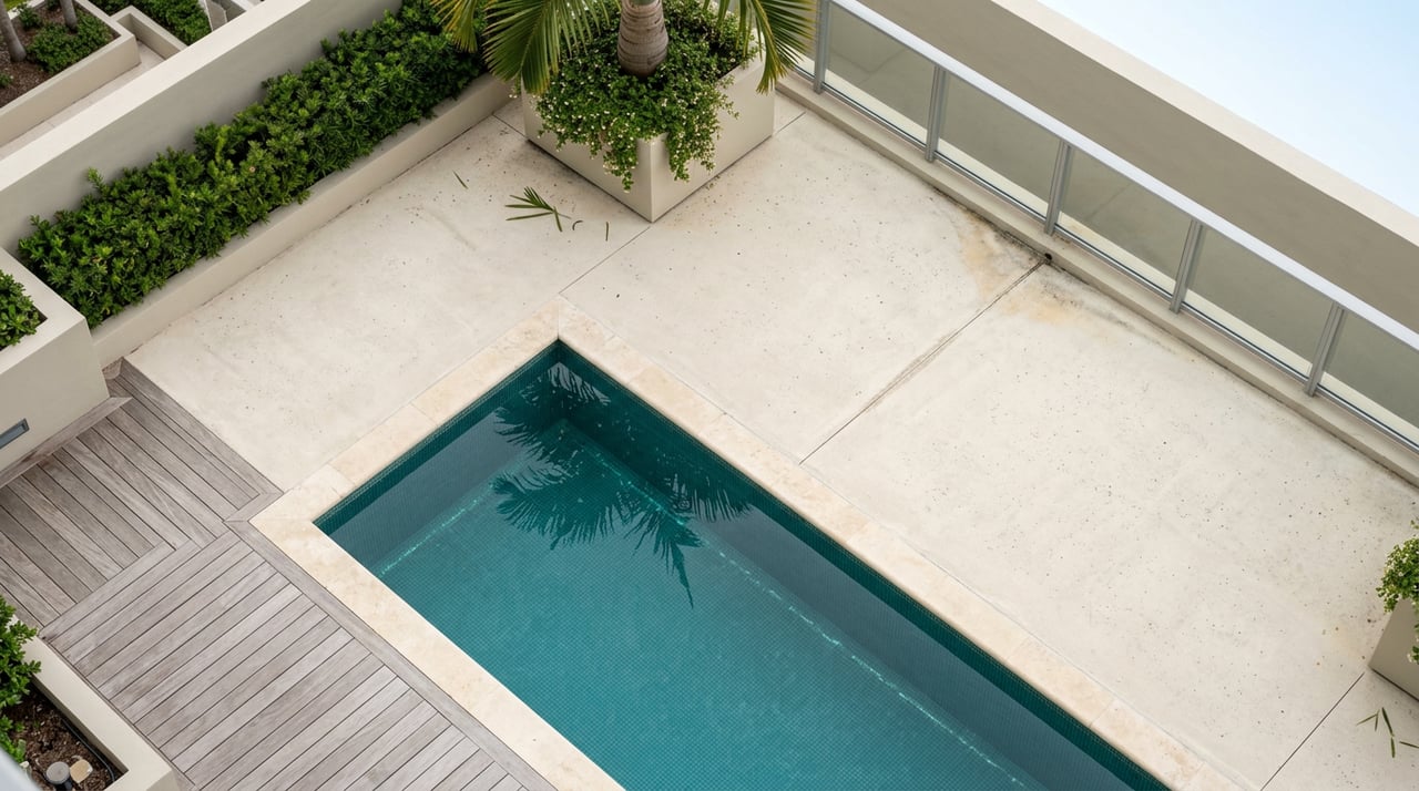 Rooftop deck with a turquoise lap pool, pale concrete, and palm fronds beside a planter.