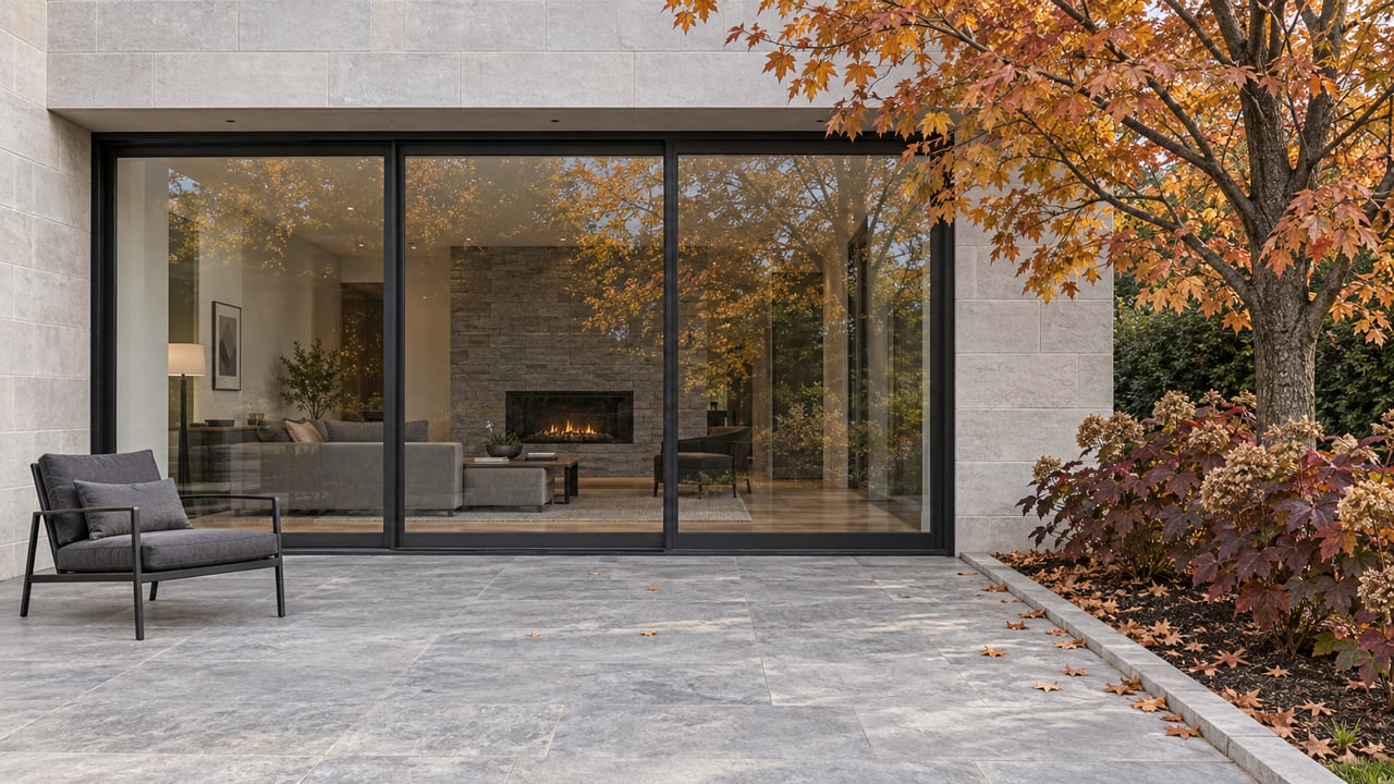 Grey limestone rear terrace with black-framed glass doors, a lounge chair and copper autumn leaves beside a contemporary home.