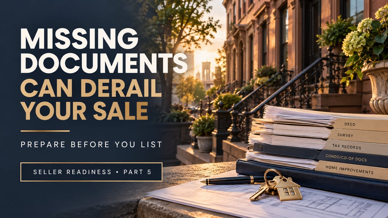 Seller-readiness graphic about documents that can derail a home sale, with a brownstone stoop and paperwork.