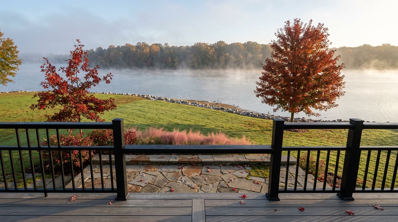 Lakefront yard with stone terrace, sloping lawn, red-orange trees, and mist over water.