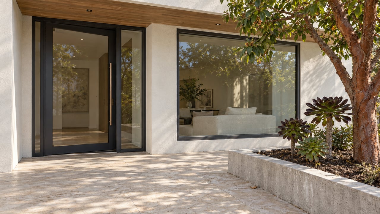 Modern home entrance with black-framed glass doors, a stone patio, and a raised succulent planter.