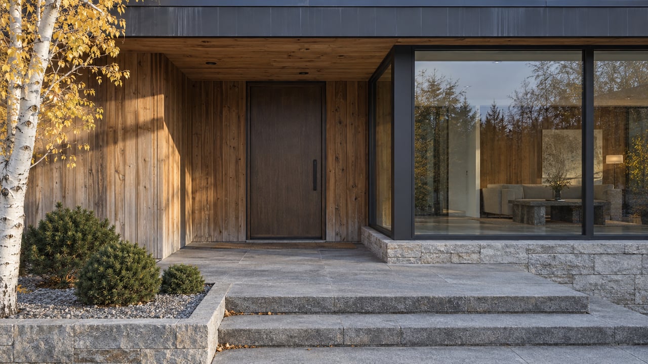 A contemporary home's cedar entry and dark-framed glass wall above broad gray stone steps, with a white-barked aspen and three compact pines.