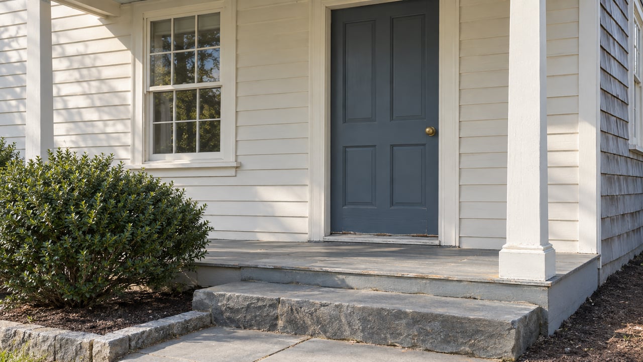 Off-white clapboard house with a slate-blue front door, sash window, porch post, and bluestone steps.