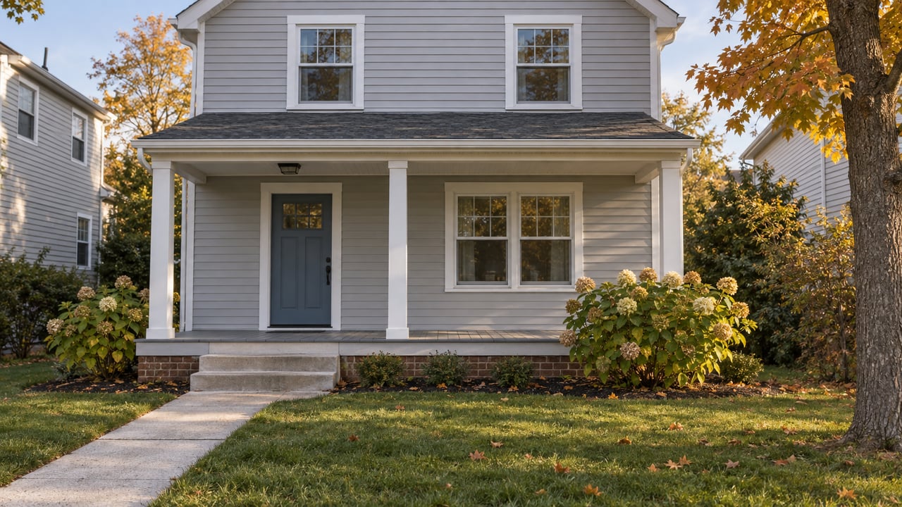 A compact gray-sided house with a blue front door, covered porch and concrete approach across a small lawn in warm afternoon light.