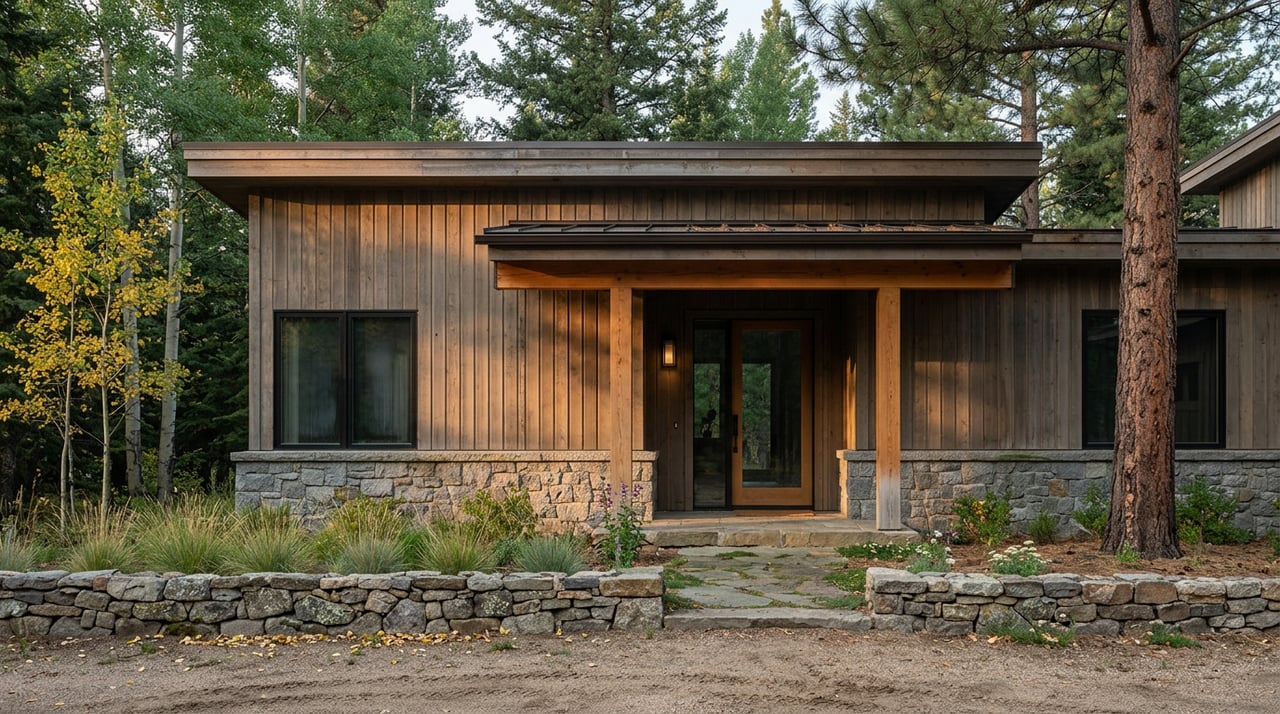Mountain-modern home entry with cedar siding, stone base, timber posts, and a dry-stacked stone wall.