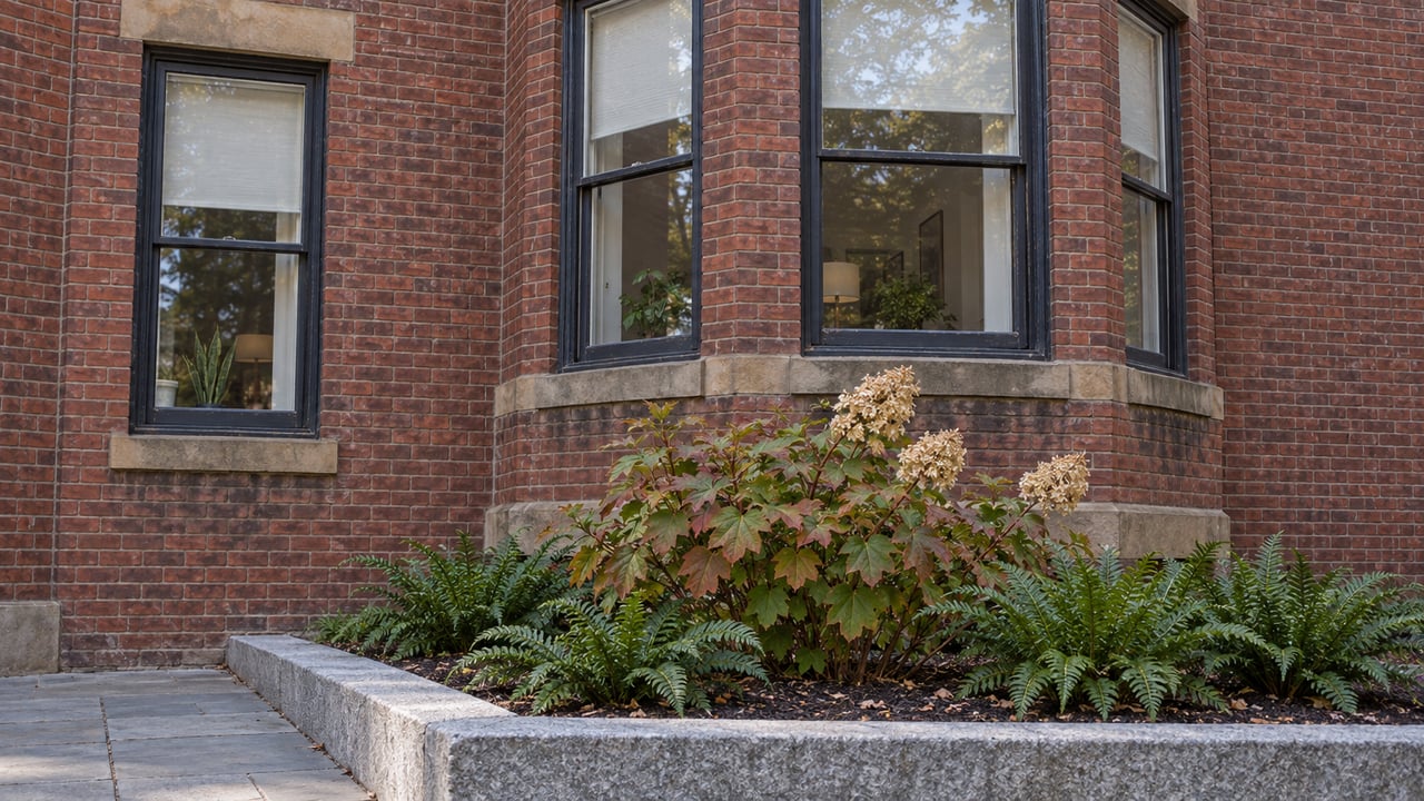 Close view of red brick housing with dark timber sash windows, weathered sandstone trim and a granite-edged autumn garden.