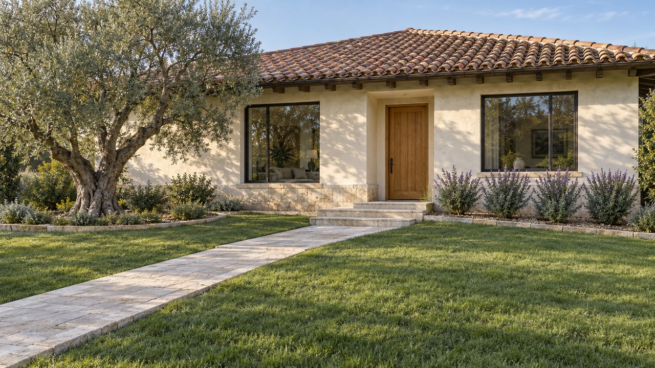 Cream stucco home with a terracotta roof, bronze-framed windows and an oak entry door beyond a sloping lawn and limestone walk, with a mature olive tree beside the entrance.