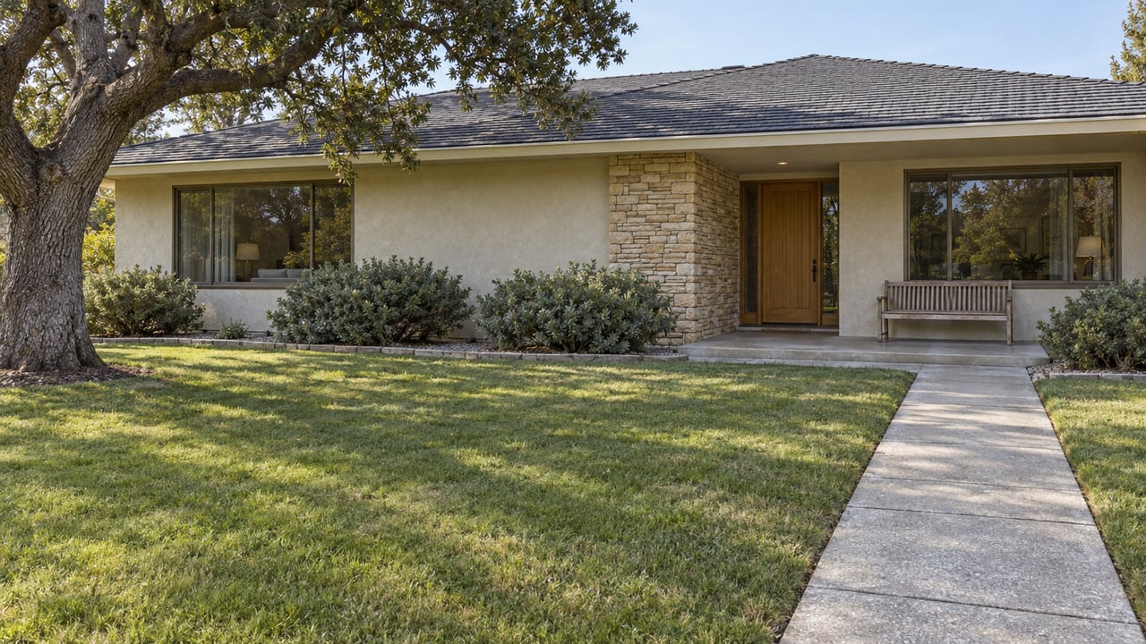 A single-story stucco home behind a deep lawn, with a shaded oak, stone entry wall, and recessed wood front door.