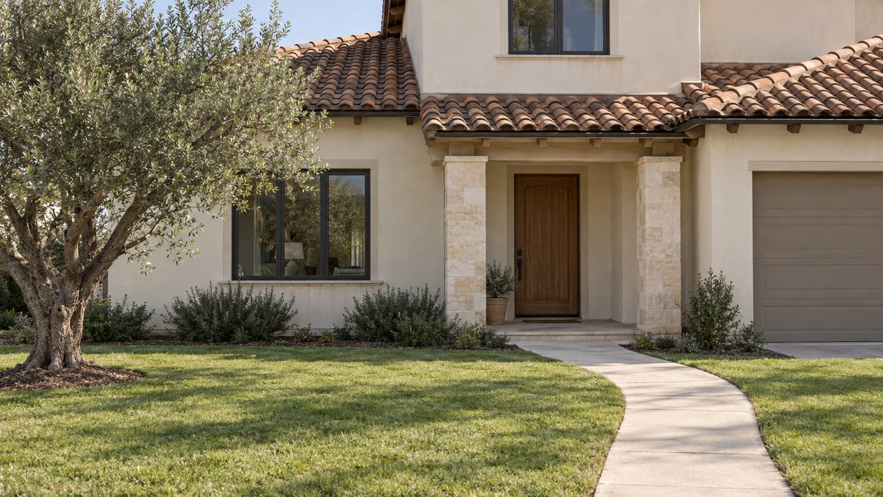 Two-story ivory stucco house with terracotta roof, recessed timber door, garage, and curved walk across a broad lawn.