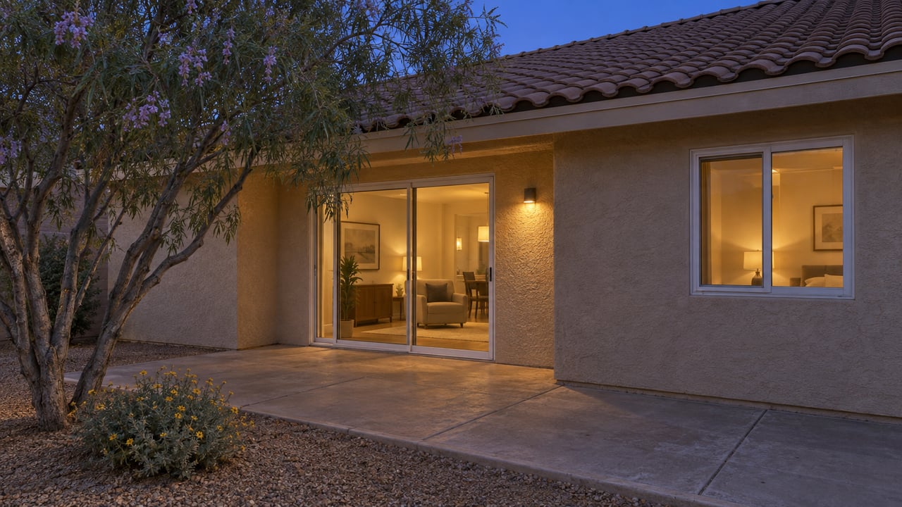 Sand-stucco home with a glass patio door glowing warmly at dusk, beside a desert willow and concrete patio.