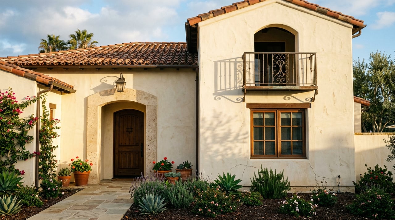 Spanish Revival home with ivory stucco, arched travertine entry, clay tile roof, and an olive tree by the walkway.