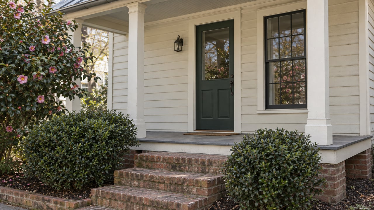 Raised ivory clapboard cottage porch with a dark green glazed door, brick steps, and clipped shrubs.