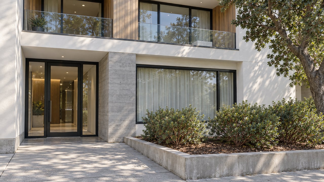 Contemporary condominium entry with warm-white stucco, cedar cladding, black-framed glazing and a raised planting bed beside the concrete approach.