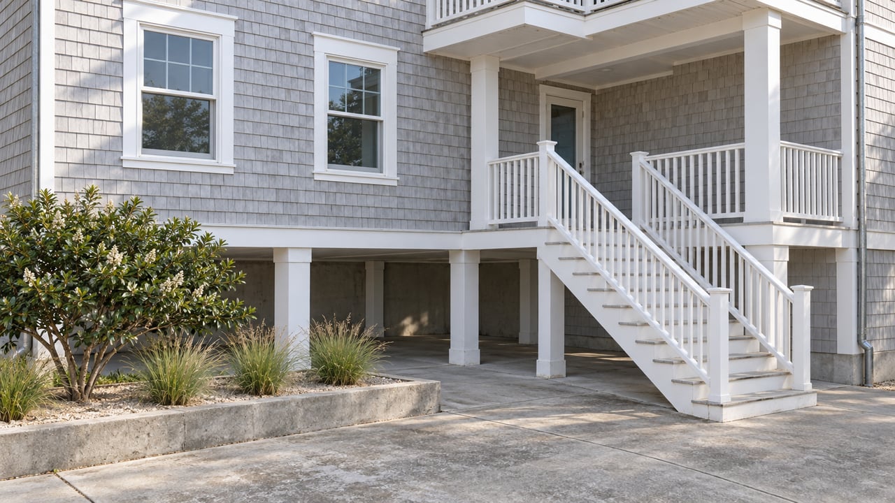 Elevated pale-gray shingle house with white entry stairs, balcony, and a small coastal planting bed.