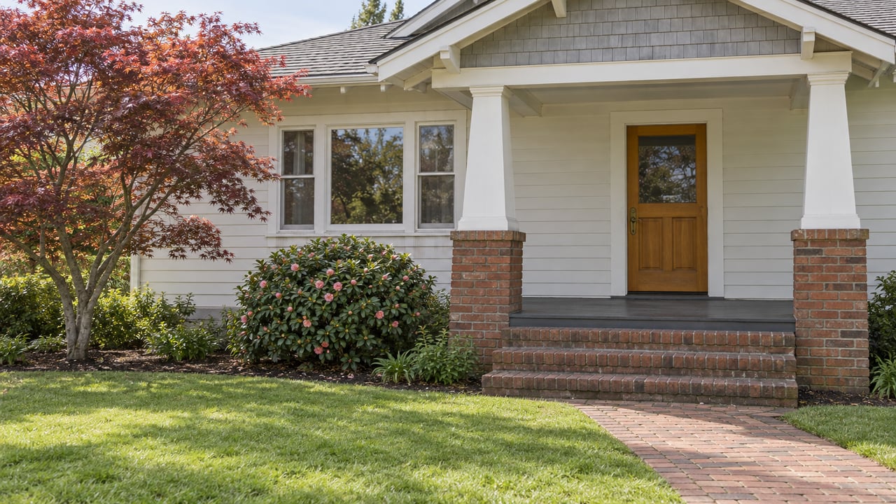 White-sided bungalow with a covered timber porch, worn brick steps, an oak entry door and a Japanese maple beside the front lawn.