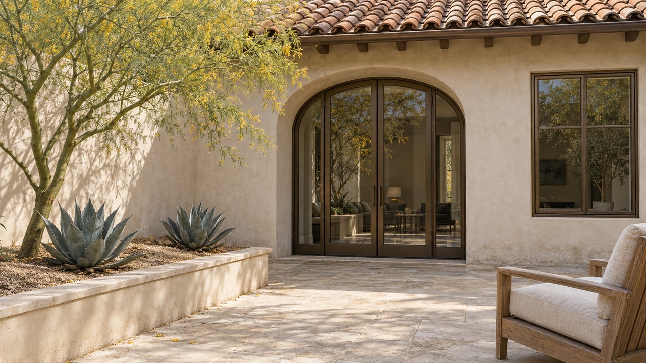 Sunlit plaster courtyard with a clay-tile roof, glazed arched entrance, limestone paving, a teak chair and sculptural desert planting.