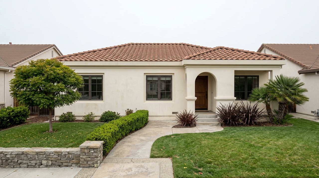 Cream-stucco Mediterranean home with a terracotta tile roof, arched entry, curved walkway, stone garden wall, and mature tree.