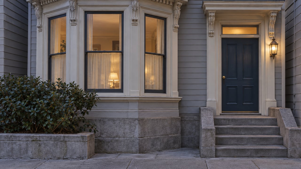 Blue-hour view of a gray wood-sided home with tall bay windows, a deep-blue entrance door, worn limestone steps and a camellia planter.