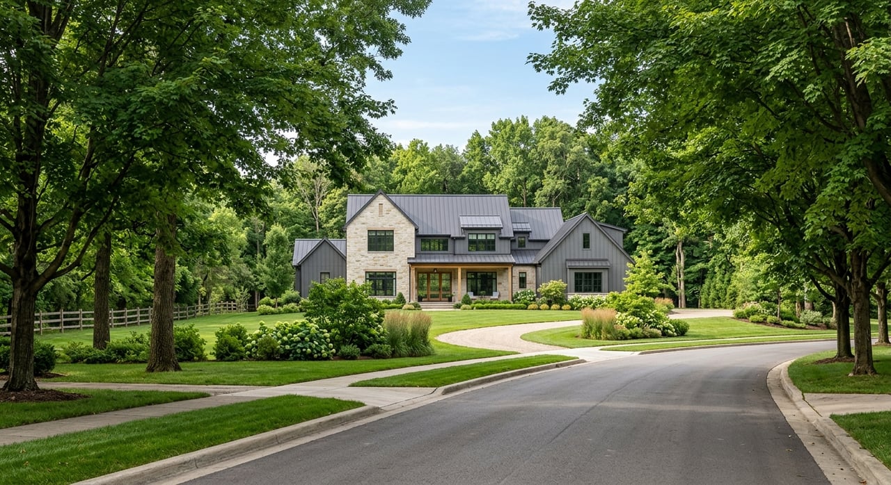 Pale limestone home set behind broad lawn, with an arched porch and live-oak canopy.