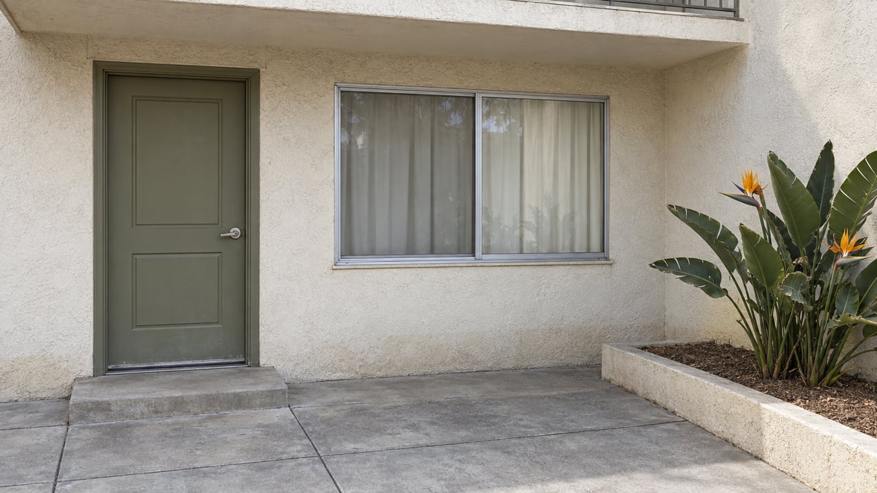 Elevated view of a modest stucco apartment entrance with an aluminum-framed window, worn concrete court, and a bird-of-paradise planting in a raised bed.