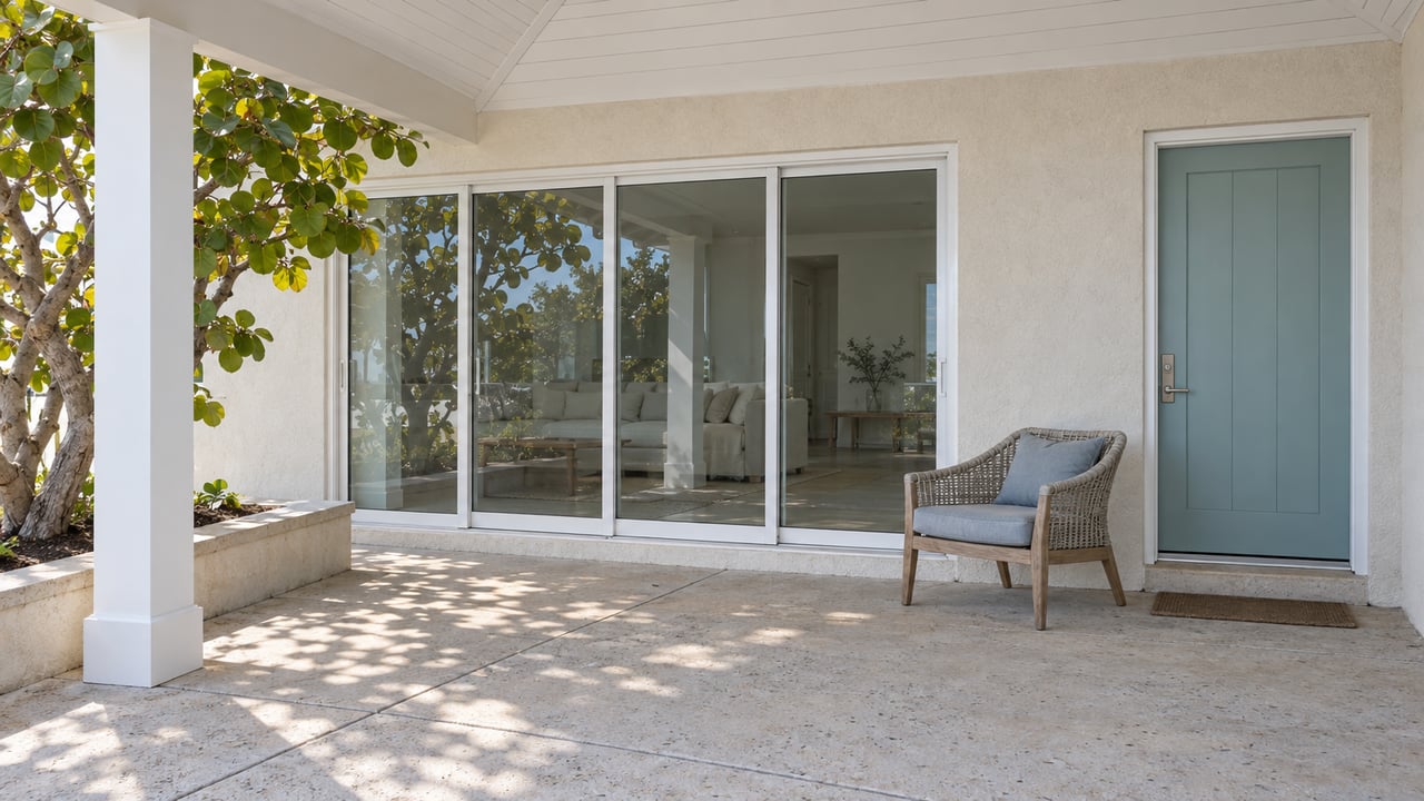 Sunlit covered terrace with pale stucco, closed sliding glass doors, a woven chair and a sculptural sea grape tree.